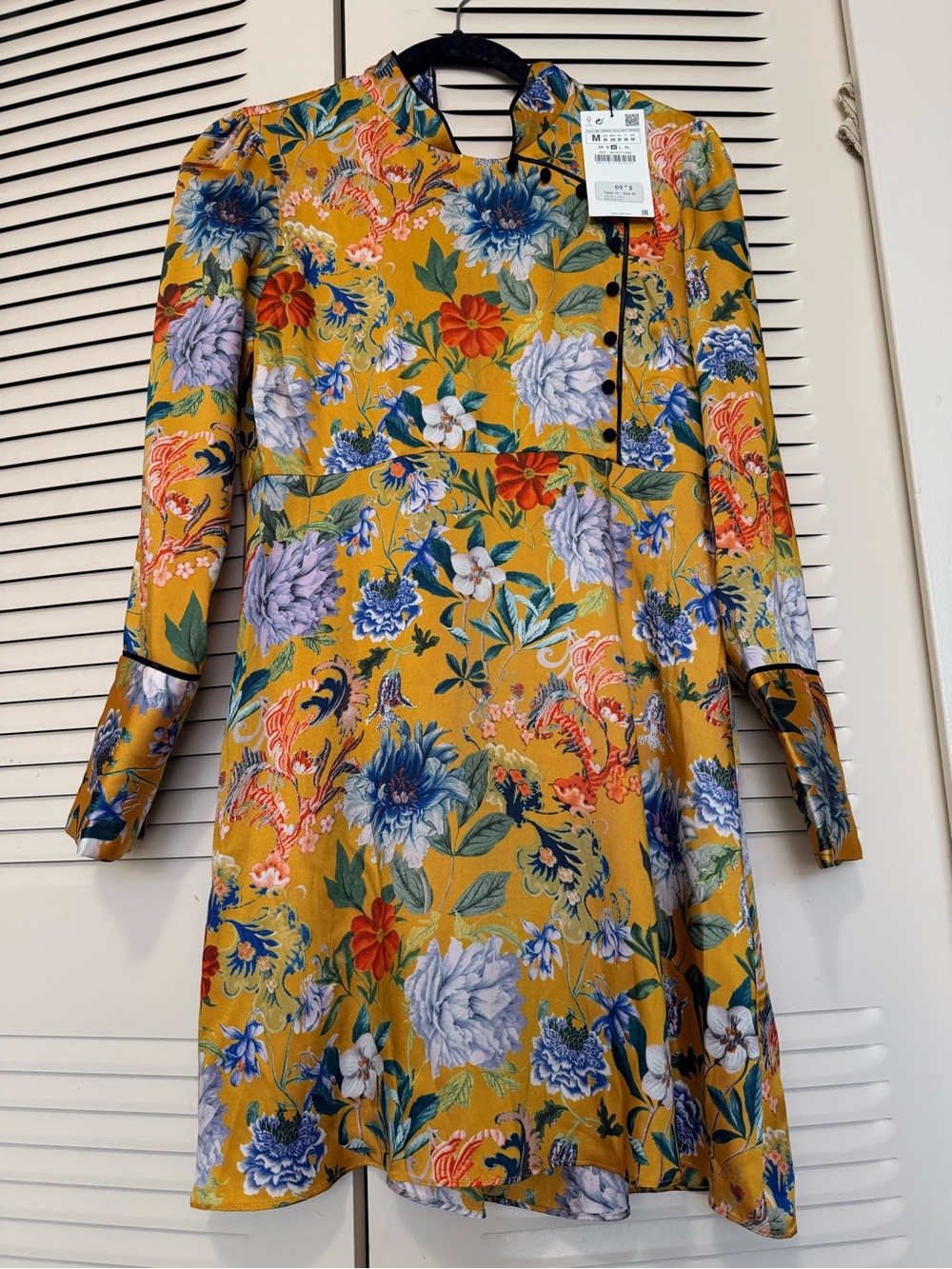 Zara Mustard Floral Long-Sleeve Fit-and-Flare Dress